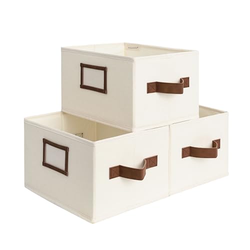 StorageWorks Storage Baskets for Shelves Foldable Fabric Closet Storage Bins with PU Handles Fabric Storage Bins Clothes Organizer Ivory White 3Pack Small