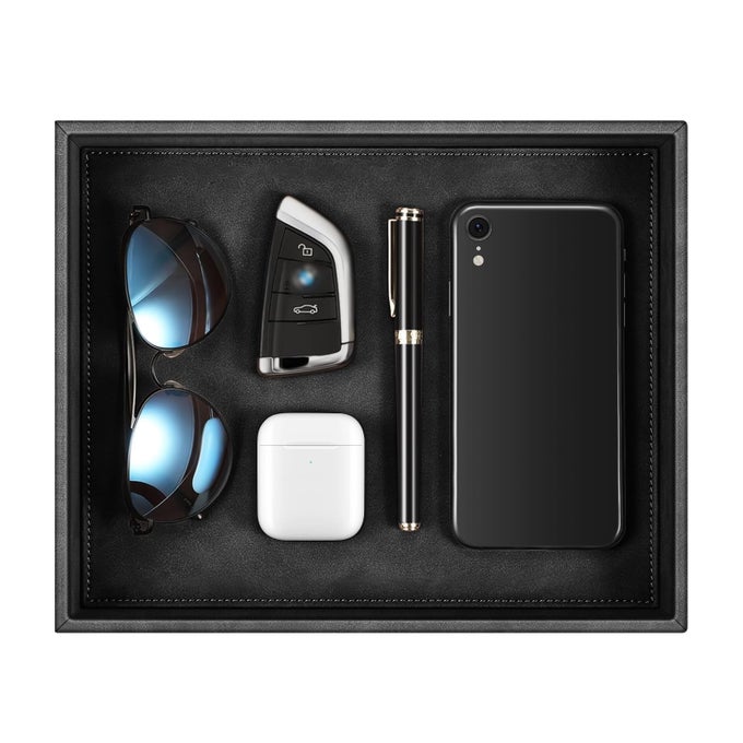Valet Tray Desk Organizer PU Leather Catchall Bedside Vanity Tray Nightstand Caddy Coin Box Key Jewelry Storage Organizer Black