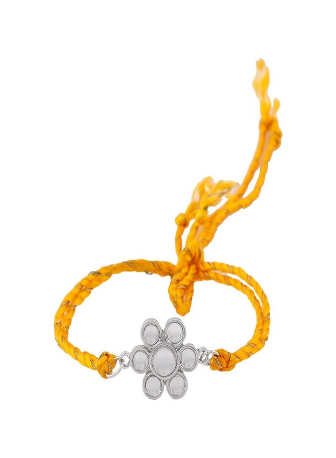 Estele Men's Rhodium Plated Kundan Polki Work Bracelet With Fancy Silk Thread. - Image 4