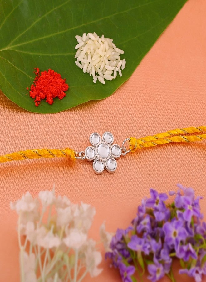 Estele Men's Rhodium Plated Kundan Polki Work Bracelet With Fancy Silk Thread. - Image 2