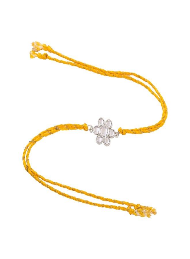 Estele Men's Rhodium Plated Kundan Polki Work Bracelet With Fancy Silk Thread. - Image 3