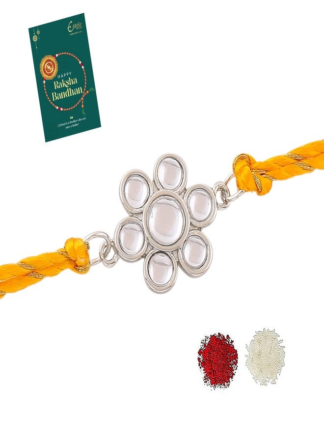 Estele Men's Rhodium Plated Kundan Polki Work Bracelet With Fancy Silk Thread. - Image 1