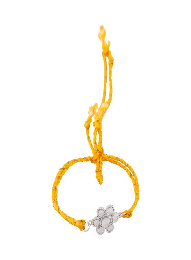 Estele Men's Rhodium Plated Kundan Polki Work Bracelet With Fancy Silk Thread. - Image 5