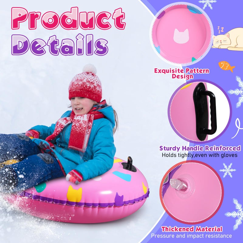 Sotiff 2 Pack Snow Tube Sled for Kids 36" Cartoon Cat Themed 1/2/3 Pack Heavy Duty Inflatable Big Thickened Snow Sled with Handle, Cold Resistant PVC Skiing Toy for Kid Birthday Winter Party Favors - Image 3