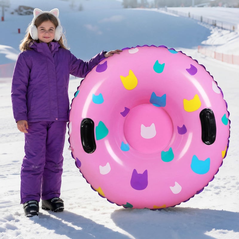 Sotiff 2 Pack Snow Tube Sled for Kids 36" Cartoon Cat Themed 1/2/3 Pack Heavy Duty Inflatable Big Thickened Snow Sled with Handle, Cold Resistant PVC Skiing Toy for Kid Birthday Winter Party Favors - Image 1