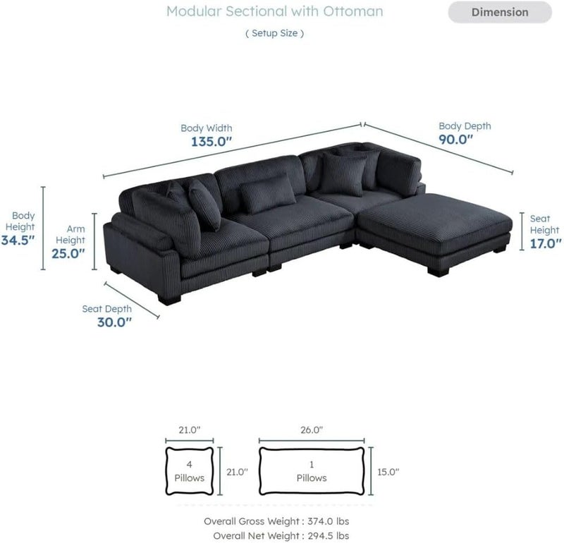 Comfynest 135" L-Shaped Modular Corduroy Sectional Sofa - Image 2