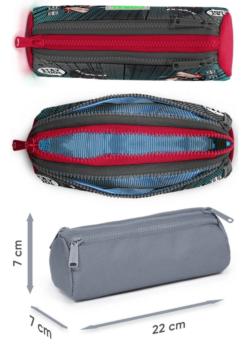 CORAL HIGH Gray Dark Anime Motorcycle Patterned Boy Thermal Insulated Lunch Bag and Pencil Case Set