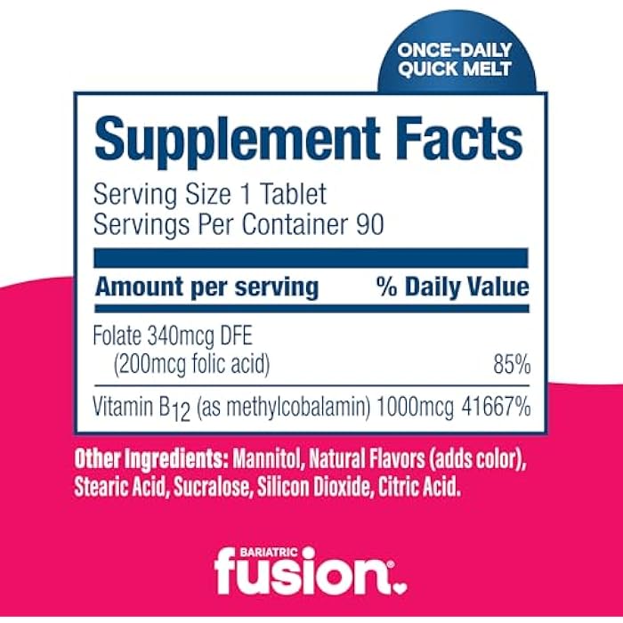 Bariatric Fusion Vitamin B12 Sublingual 1000 mcg Melts | Cherry Berry Flavored | Vitamin B12 Dissolve Under Tongue Tablets with Folic Acid | Sugar Free | Methylcobalamin | 90 Count - Image 4