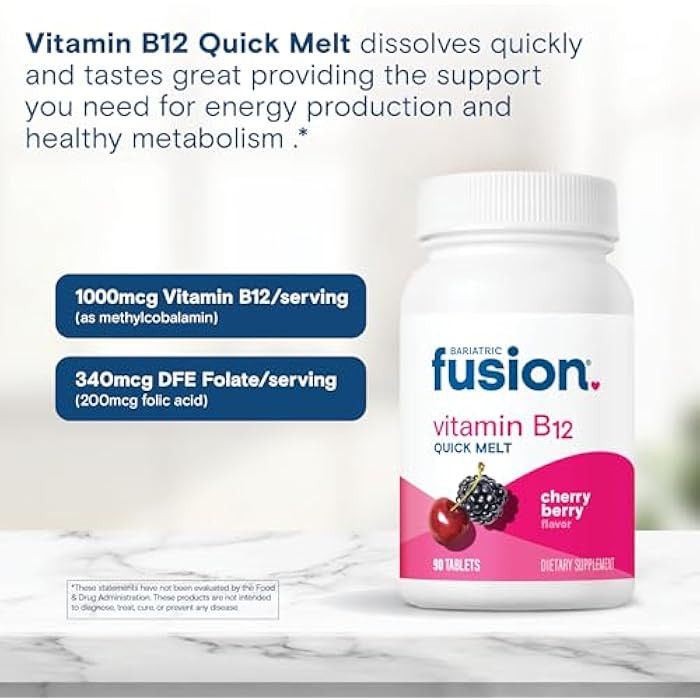 Bariatric Fusion Vitamin B12 Sublingual 1000 mcg Melts | Cherry Berry Flavored | Vitamin B12 Dissolve Under Tongue Tablets with Folic Acid | Sugar Free | Methylcobalamin | 90 Count - Image 5