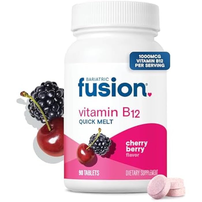 Bariatric Fusion Vitamin B12 Sublingual 1000 mcg Melts | Cherry Berry Flavored | Vitamin B12 Dissolve Under Tongue Tablets with Folic Acid | Sugar Free | Methylcobalamin | 90 Count - Image 1
