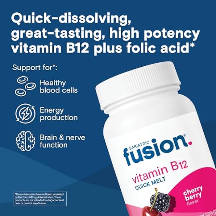 Bariatric Fusion Vitamin B12 Sublingual 1000 mcg Melts | Cherry Berry Flavored | Vitamin B12 Dissolve Under Tongue Tablets with Folic Acid | Sugar Free | Methylcobalamin | 90 Count - Image 2