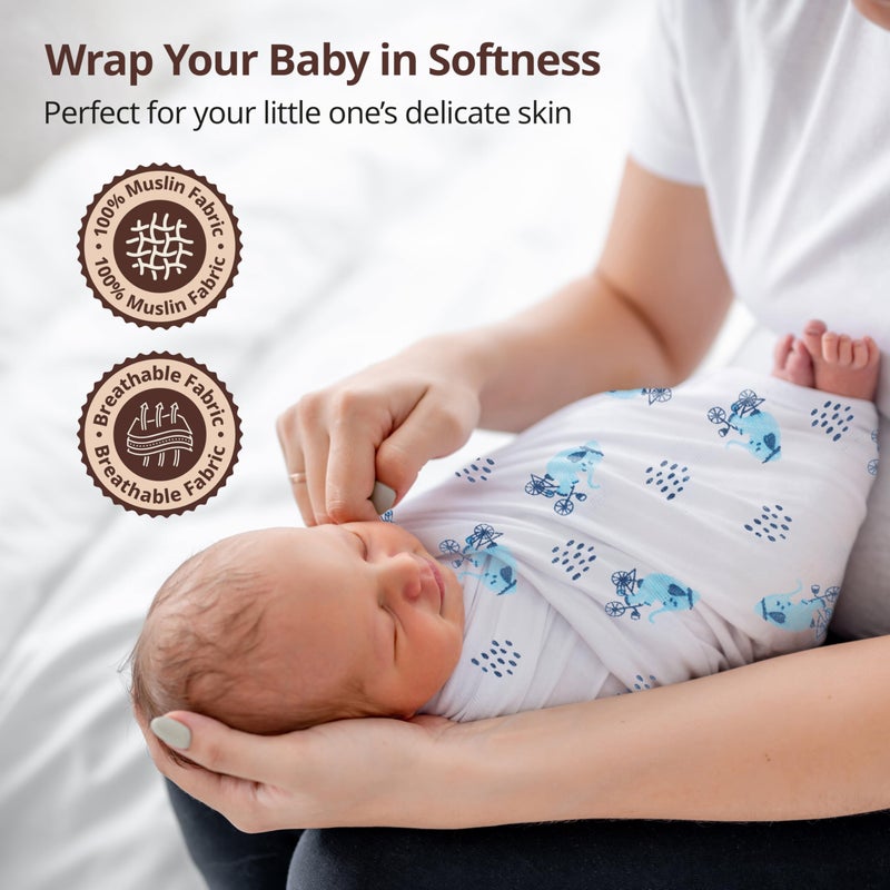 LuvLap 100% Cotton Muslin Baby Swaddle Set, Baby Towel, Size-120cm x 100cm (47"x39"), Elephant Squirrel Print, 0-18 Month+, Printed Mulmal Muslin Swaddle Wrap for New Born, Pack of 3 - Image 2
