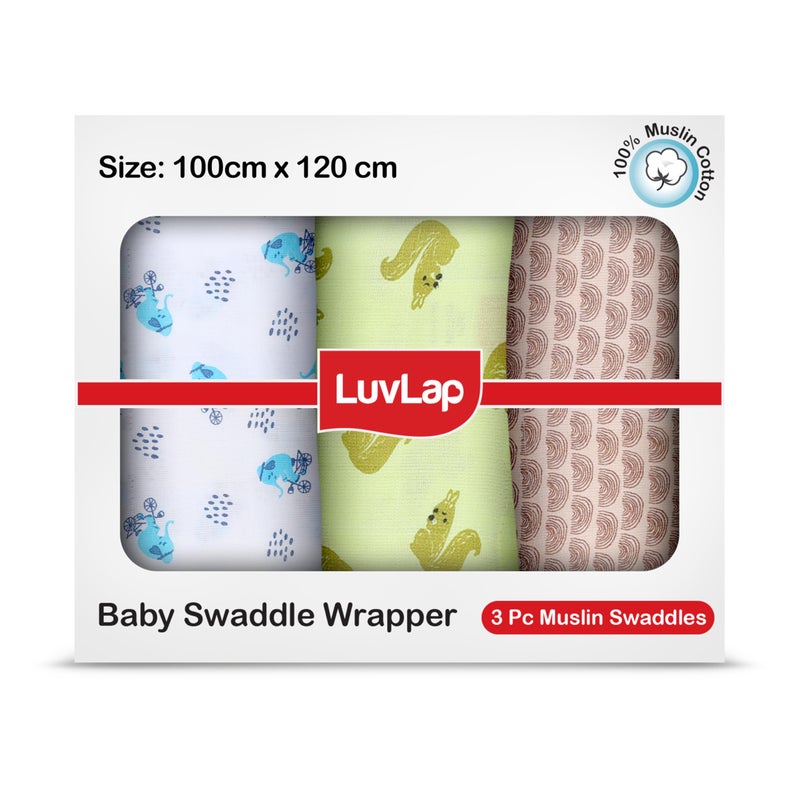 LuvLap 100% Cotton Muslin Baby Swaddle Set, Baby Towel, Size-120cm x 100cm (47"x39"), Elephant Squirrel Print, 0-18 Month+, Printed Mulmal Muslin Swaddle Wrap for New Born, Pack of 3 - Image 1