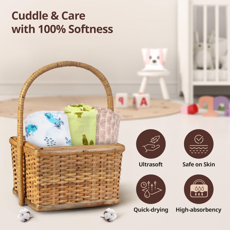 LuvLap 100% Cotton Muslin Baby Swaddle Set, Baby Towel, Size-120cm x 100cm (47"x39"), Elephant Squirrel Print, 0-18 Month+, Printed Mulmal Muslin Swaddle Wrap for New Born, Pack of 3 - Image 3