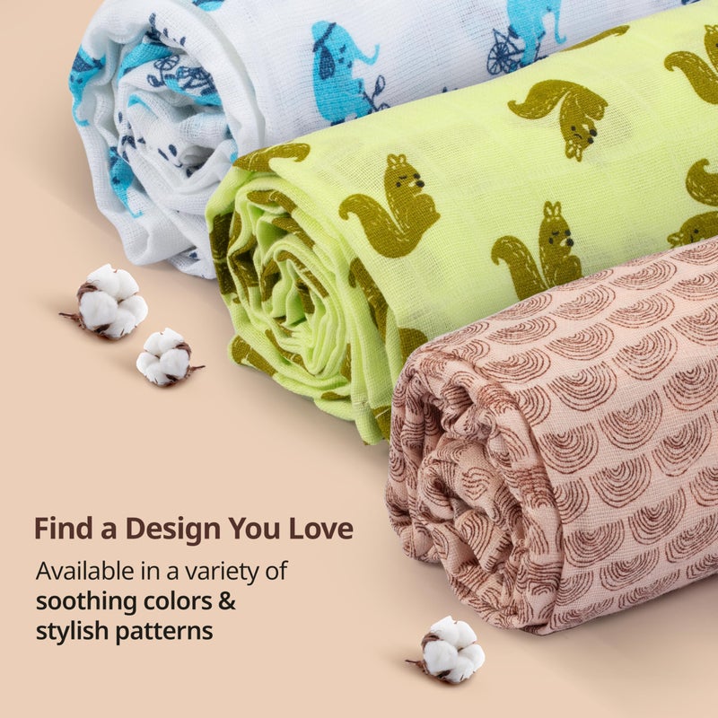 LuvLap 100% Cotton Muslin Baby Swaddle Set, Baby Towel, Size-120cm x 100cm (47"x39"), Elephant Squirrel Print, 0-18 Month+, Printed Mulmal Muslin Swaddle Wrap for New Born, Pack of 3 - Image 4