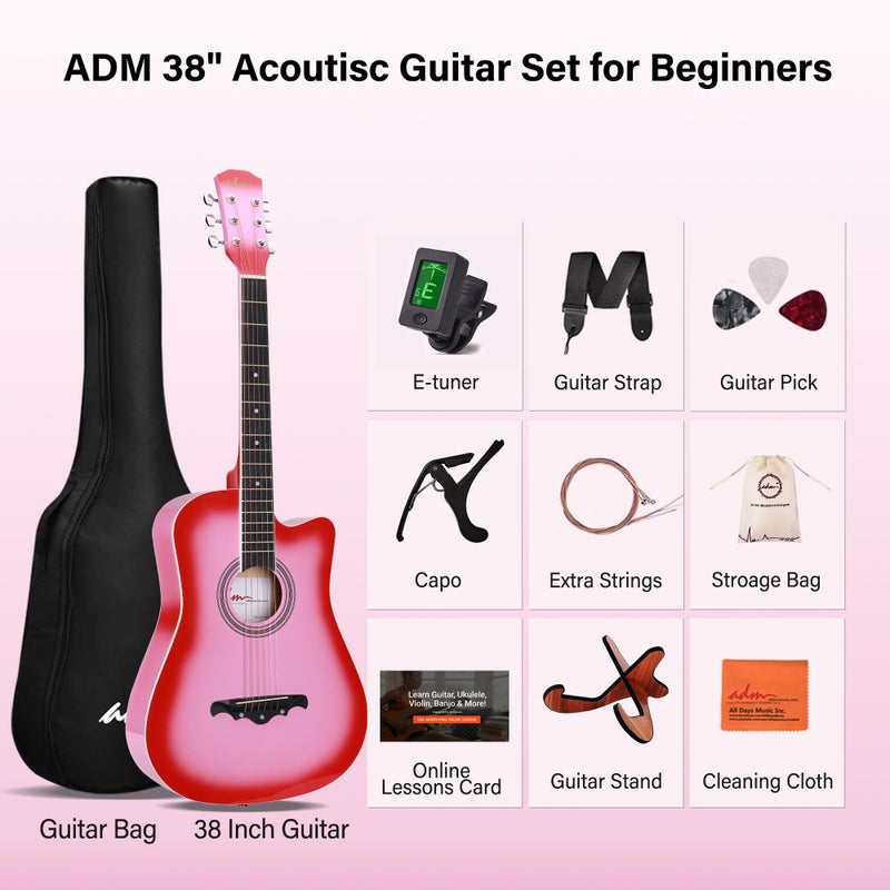 ADM 38" Inch Acoustic Guitar Bundle for Beginners Adults with Online Lesson, Cutaway Wood Acustica Guitarra Starter Set Package with Gig Bag, Strap, Steel Strings, Picks, Capos, Stand, Pink - Image 5