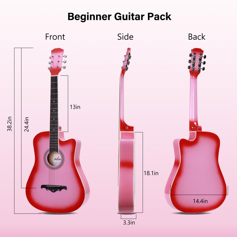 ADM 38" Inch Acoustic Guitar Bundle for Beginners Adults with Online Lesson, Cutaway Wood Acustica Guitarra Starter Set Package with Gig Bag, Strap, Steel Strings, Picks, Capos, Stand, Pink - Image 2