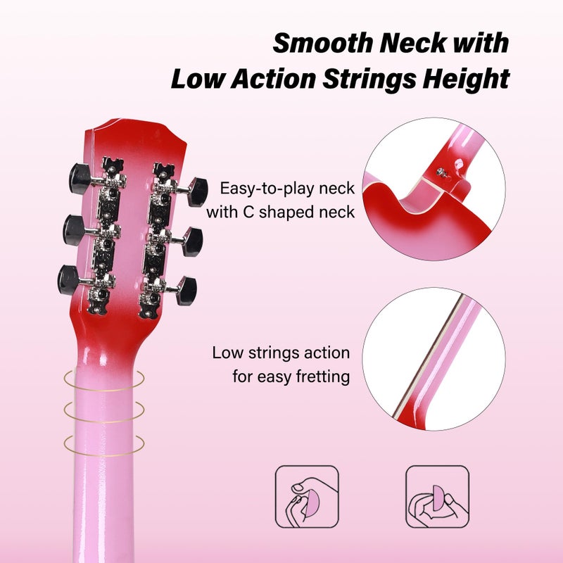 ADM 38" Inch Acoustic Guitar Bundle for Beginners Adults with Online Lesson, Cutaway Wood Acustica Guitarra Starter Set Package with Gig Bag, Strap, Steel Strings, Picks, Capos, Stand, Pink - Image 4