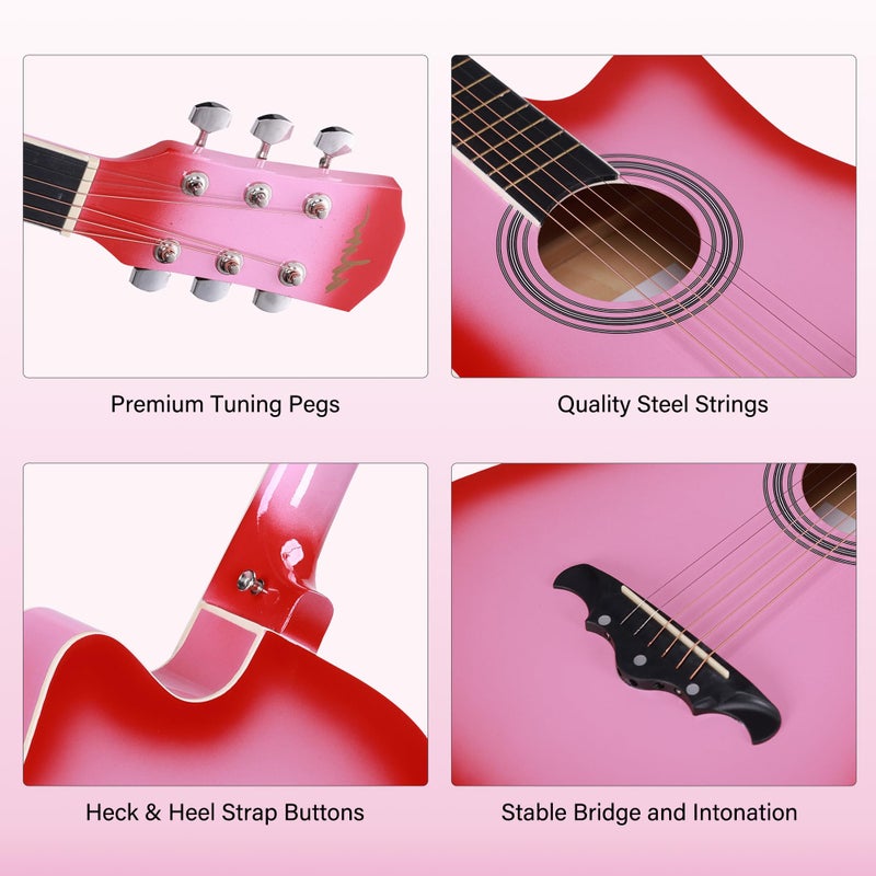 ADM 38" Inch Acoustic Guitar Bundle for Beginners Adults with Online Lesson, Cutaway Wood Acustica Guitarra Starter Set Package with Gig Bag, Strap, Steel Strings, Picks, Capos, Stand, Pink - Image 3