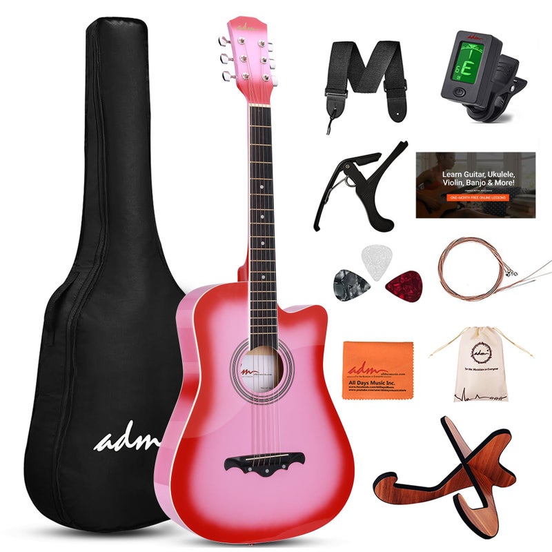 ADM 38" Inch Acoustic Guitar Bundle for Beginners Adults with Online Lesson, Cutaway Wood Acustica Guitarra Starter Set Package with Gig Bag, Strap, Steel Strings, Picks, Capos, Stand, Pink - Image 1
