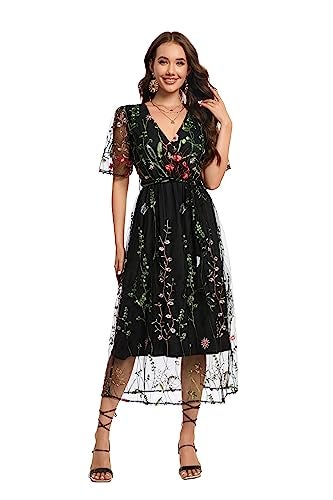 BaronHong Women's Floral Embroidered Tulle Prom Half-Sleeve V Neck Midi Dress with Waist Strap(Black(B),XL) - Image 1