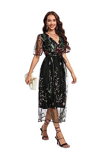 BaronHong Women's Floral Embroidered Tulle Prom Half-Sleeve V Neck Midi Dress with Waist Strap(Black(B),XL) - Image 5