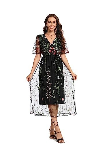 BaronHong Women's Floral Embroidered Tulle Prom Half-Sleeve V Neck Midi Dress with Waist Strap(Black(B),XL) - Image 2