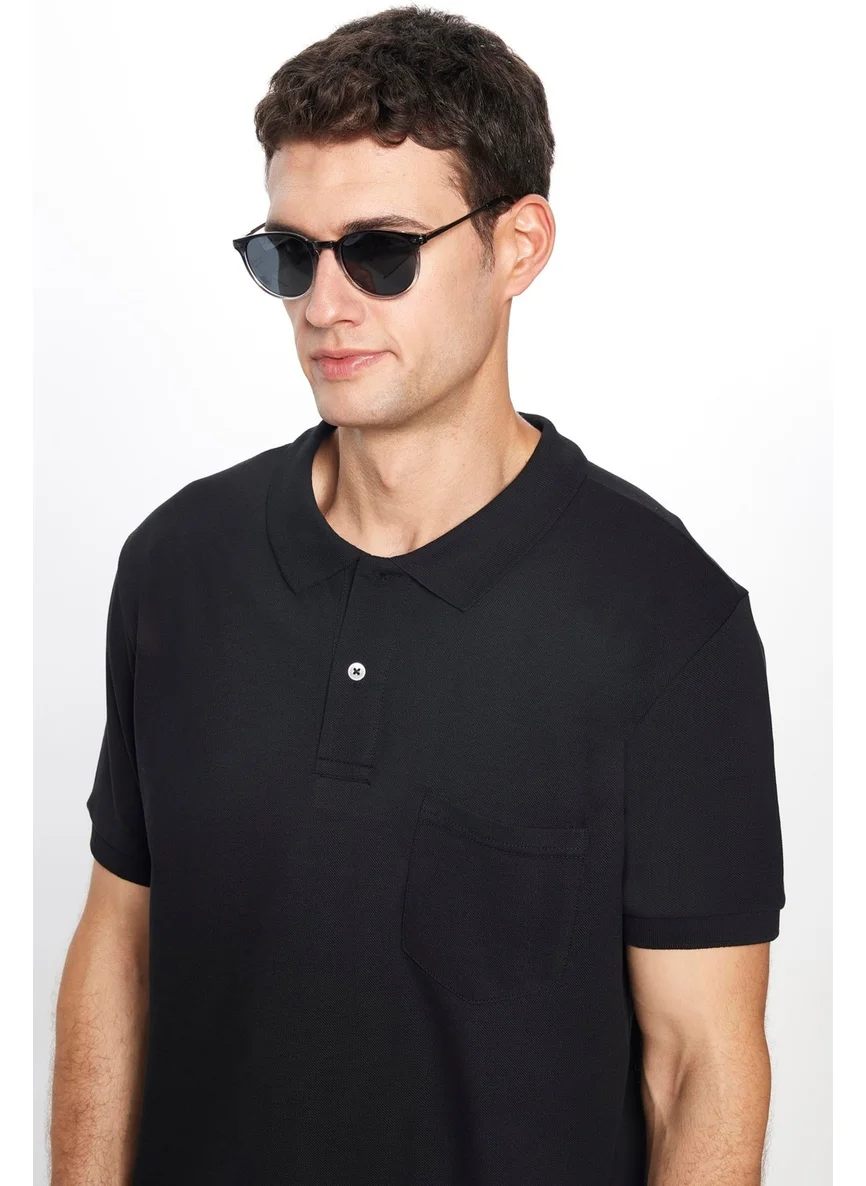 Tudors Men's Classic Fit Relaxed Cut Cotton Plain Pique Black Polo Neck T-Shirt
