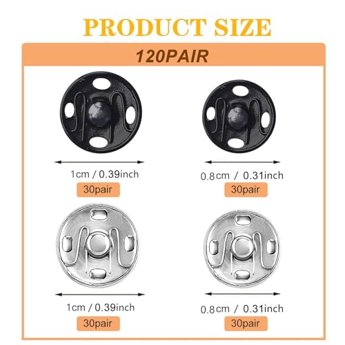 Willrain Sewing Snaps,120 Sets 8 mm and 10 mm,Black and Silver, Sew-on Snap Buttons Metal Snaps Fasteners Press Studs Buttons for Sewing - Image 5