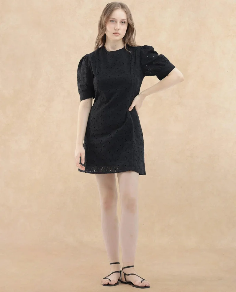 Rareism Women's Elegant Schiffli Mini Dress