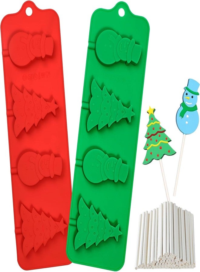 LEGACYCART 4 Cavity Christmas Tree, and Snowman Silicone Mould with 25 Sticks for Chocolate Candy Jelly Cupcake Cake Cakepop Cakesickle Brownie Pudding Birthday Decoration Topper JSC 1916 (Pack of 2) - Image 1