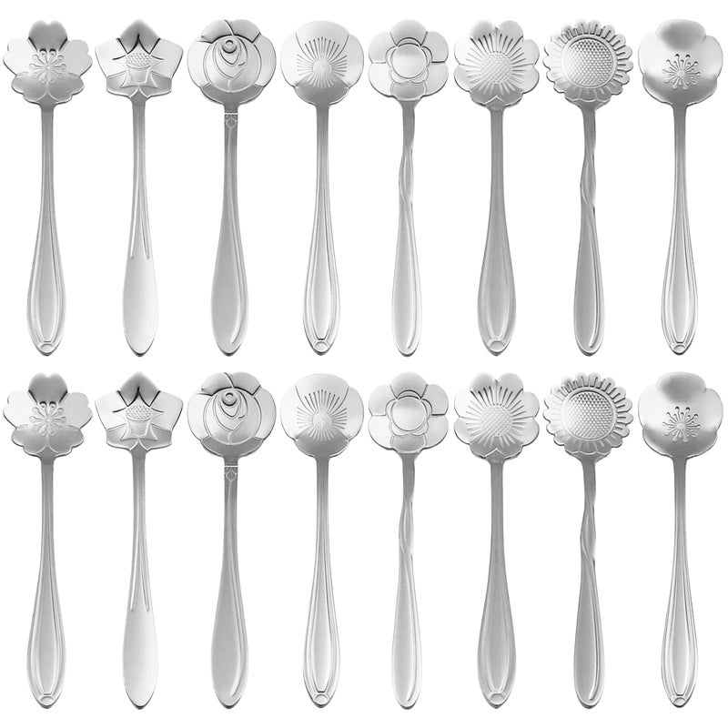 16 Pieces Tea Spoon Coffee Teaspoon Set PBIEHSR Stainless Steel Flower Spoons for Stirring Drink Mixing Milkshake Jam