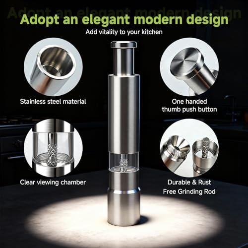 BOKKY Premium Stainless Steel Salt and Pepper Grinder Set – Refillable One-Handed Thumb Press Grinders with Stand – Ideal for Kitchen, Dining, and Gifts - Image 3
