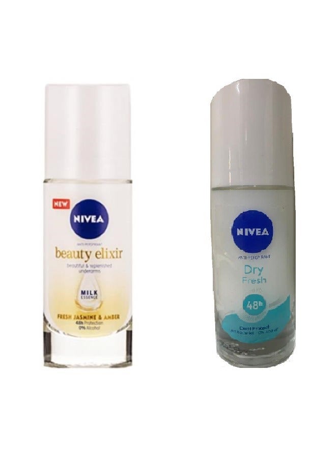 Nivea Dry Fresh 48h Double Protection + Nivea Beauty Elixir Milk Essence with refreshing Jasmine & Amber scent 50ml - Image 1