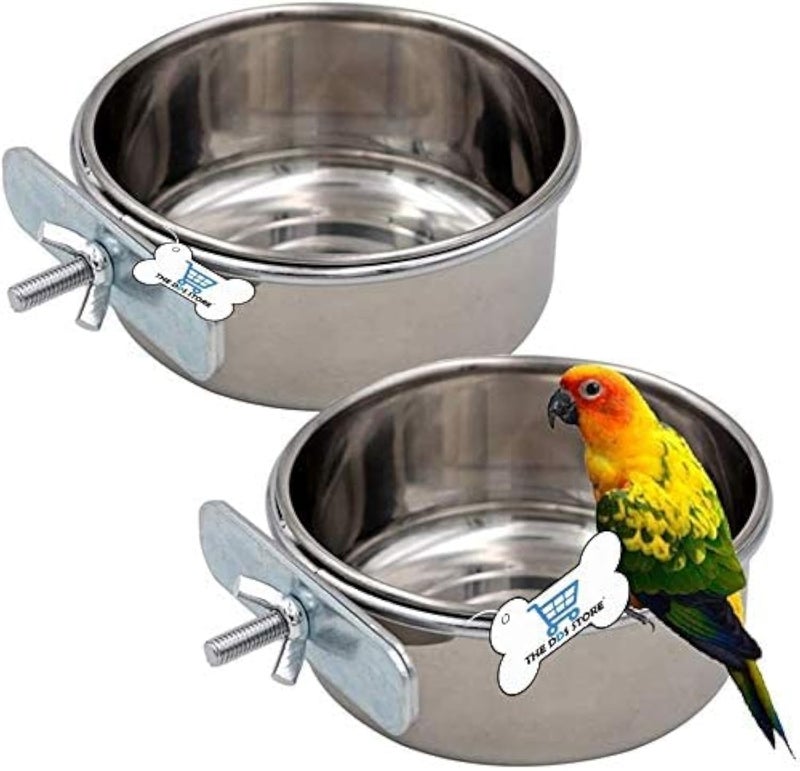 THE DDS STORE Bird Feeding Dish Cups, Parrot Food Bowl Holder-Stainless Steel Coop Cup, Bird Cage Water Bowl for Parakeet African Greys Conure Cockatiels Lovebird Budgie Chinchilla (300.ml Clamp Pack of 2) - Image 1
