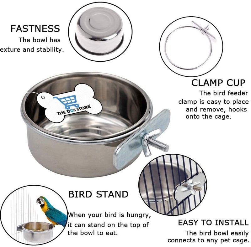 THE DDS STORE Bird Feeding Dish Cups, Parrot Food Bowl Holder-Stainless Steel Coop Cup, Bird Cage Water Bowl for Parakeet African Greys Conure Cockatiels Lovebird Budgie Chinchilla (300.ml Clamp Pack of 2) - Image 2