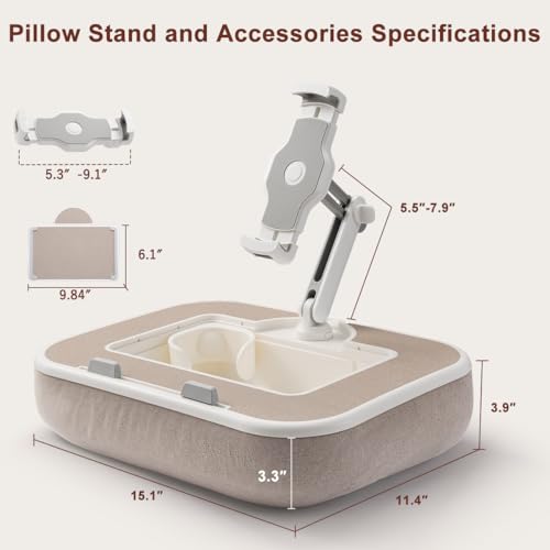 WISFISSH Tablet Pillow Stand with Snack Bowl and Writing Board, 360° Rotating Phone Holder for 4.7-13" Phone Kindle Tablet, Pillow Kindle Holder for Reading in Bed, Couch,Recliner,Floor Etc-Beige - Image 4