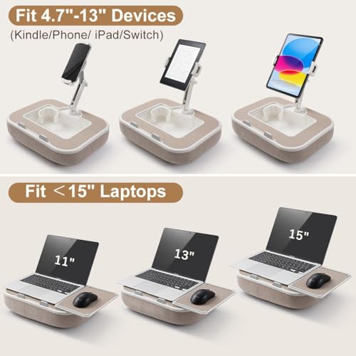 WISFISSH Tablet Pillow Stand with Snack Bowl and Writing Board, 360° Rotating Phone Holder for 4.7-13" Phone Kindle Tablet, Pillow Kindle Holder for Reading in Bed, Couch,Recliner,Floor Etc-Beige - Image 3