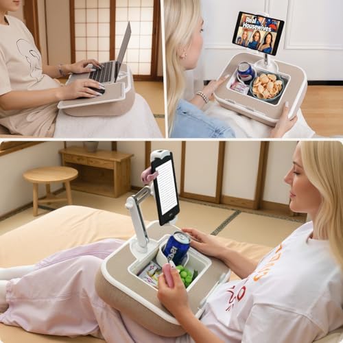 WISFISSH Tablet Pillow Stand with Snack Bowl and Writing Board, 360° Rotating Phone Holder for 4.7-13" Phone Kindle Tablet, Pillow Kindle Holder for Reading in Bed, Couch,Recliner,Floor Etc-Beige - Image 2
