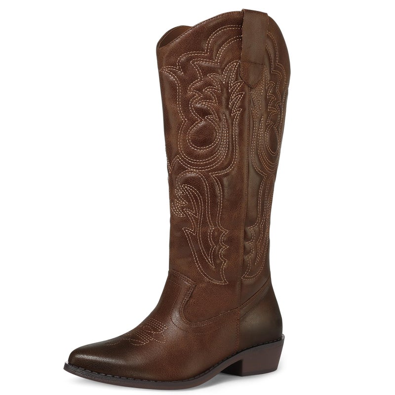 mysoft Women's Cowboy Boots Mid Calf Cowgirl Embroidered Western Pointed Toe Chunky Heel Pull On Knee High Boots - Image 1