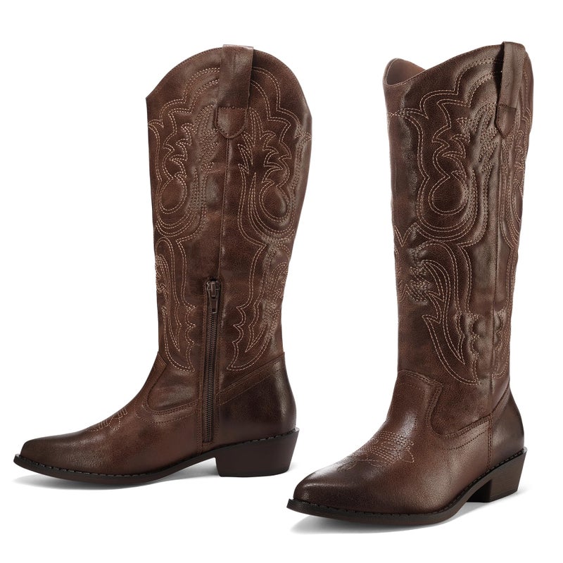 mysoft Women's Cowboy Boots Mid Calf Cowgirl Embroidered Western Pointed Toe Chunky Heel Pull On Knee High Boots - Image 4