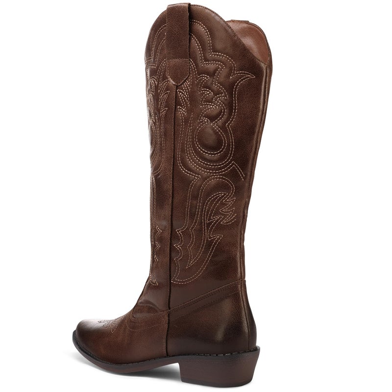 mysoft Women's Cowboy Boots Mid Calf Cowgirl Embroidered Western Pointed Toe Chunky Heel Pull On Knee High Boots - Image 5