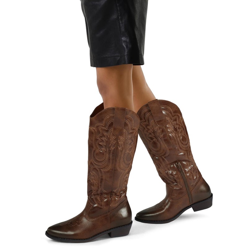 mysoft Women's Cowboy Boots Mid Calf Cowgirl Embroidered Western Pointed Toe Chunky Heel Pull On Knee High Boots - Image 3