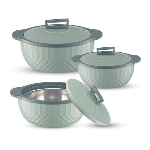 Trueware Eternity Inner Steel Insulated 750, 1000 & 1500 ML Thermoware Casserole Set of 3 | BPA Free | Odour Proof | Food Grade | Easy to Carry | Serving | Curd Maker | Hot Pot (Green) - Image 1