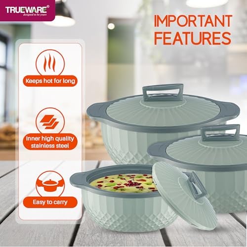 Trueware Eternity Inner Steel Insulated 750, 1000 & 1500 ML Thermoware Casserole Set of 3 | BPA Free | Odour Proof | Food Grade | Easy to Carry | Serving | Curd Maker | Hot Pot (Green) - Image 4