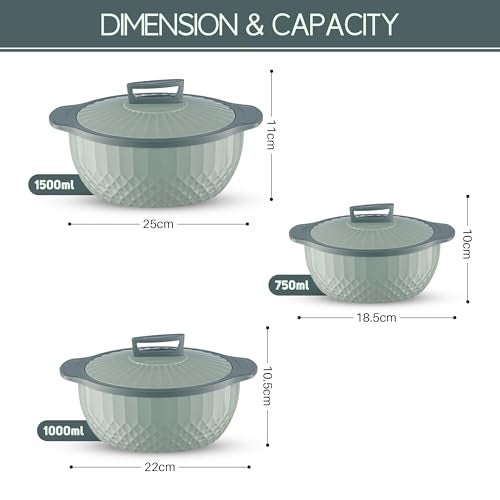 Trueware Eternity Inner Steel Insulated 750, 1000 & 1500 ML Thermoware Casserole Set of 3 | BPA Free | Odour Proof | Food Grade | Easy to Carry | Serving | Curd Maker | Hot Pot (Green) - Image 3