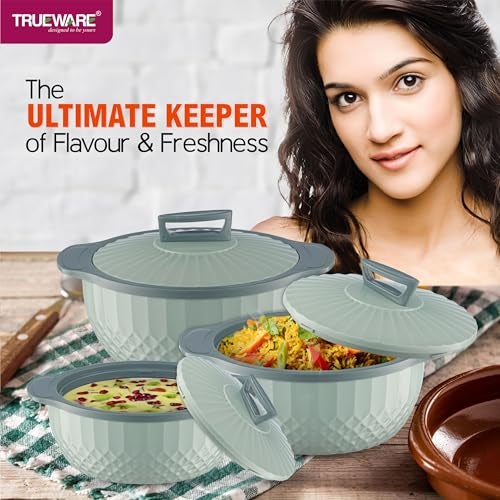 Trueware Eternity Inner Steel Insulated 750, 1000 & 1500 ML Thermoware Casserole Set of 3 | BPA Free | Odour Proof | Food Grade | Easy to Carry | Serving | Curd Maker | Hot Pot (Green) - Image 2
