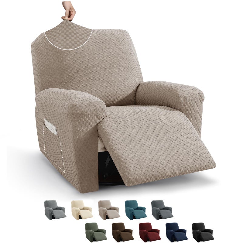 MAXIJIN Recliner Cover Slipcovers for Living Room 4 Pieces Stretch Jacquard Recliner Chair Cover Soft Fitted Recliner Protector with Elastic Bottom for Kids Pets Recliner Khaki