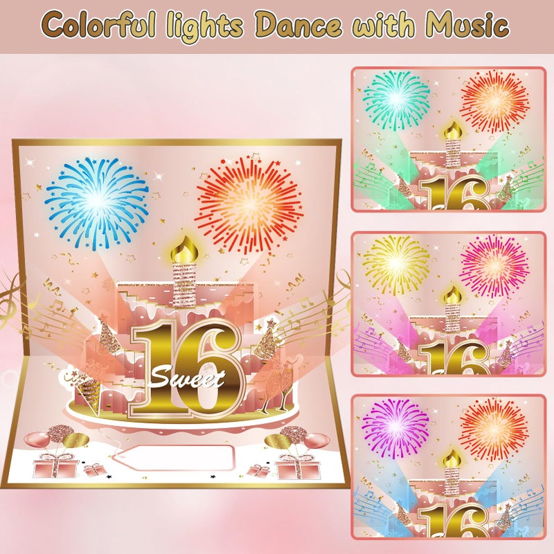 Turypaty Sweet 16th Birthday Cards Pop Up 3D Cake - Firework & Music & Blow Out Candle Light Funny Happy 16 Party Decorations, Pink Gold 16th Birthday Card Gifts for Girls, Friends, Daughter, Grandkid - Image 2