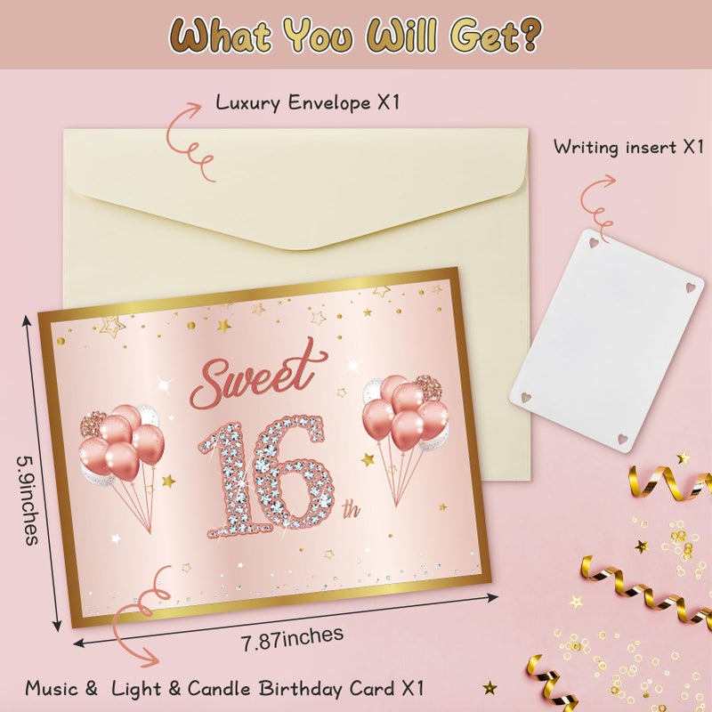 Turypaty Sweet 16th Birthday Cards Pop Up 3D Cake - Firework & Music & Blow Out Candle Light Funny Happy 16 Party Decorations, Pink Gold 16th Birthday Card Gifts for Girls, Friends, Daughter, Grandkid - Image 4
